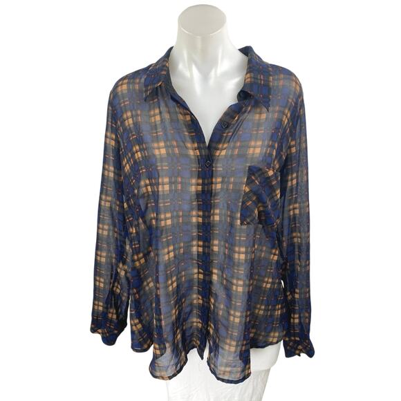 Forever 21 Women's Long Sleeve Plaid Sheer Mesh Button Up Shirt Top Size 1X - Picture 1 of 4